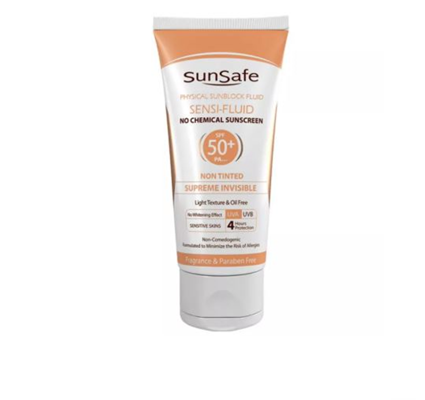 فلوئید ضد آفتاب فاقد جاذب های شیمیایی SPF50 سان سیف